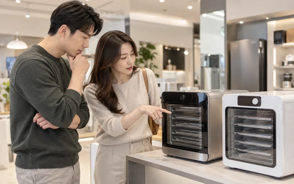 가전 매장에서 동결건조기 두 대를 비교하는 부부