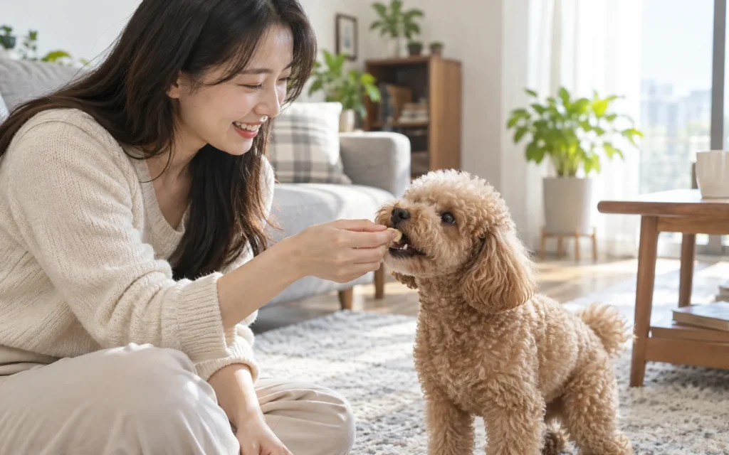 거실에서 반려견 푸들에게 동결건조 간식을 건네는 보호자