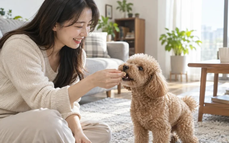 거실에서 반려견 푸들에게 동결건조 간식을 건네는 보호자