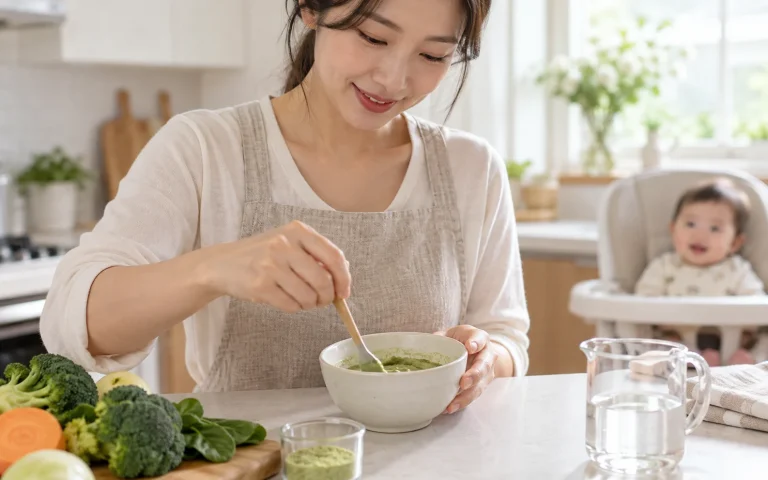 따뜻한 물에 동결건조 채소 가루를 섞어 이유식을 준비하는 보호자