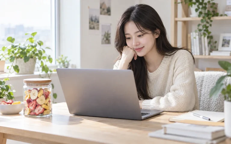 동결건조 과일 병을 옆에 두고 노트북으로 정보를 찾아보는 여성