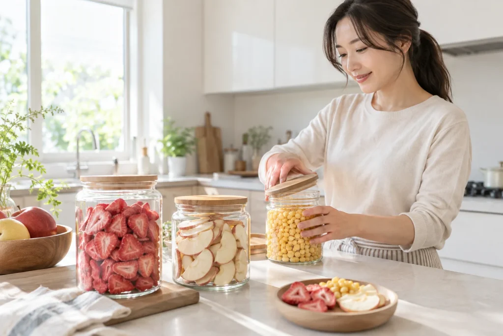 주방 조리대에서 동결건조 과일이 담긴 유리병 뚜껑을 여는 여성